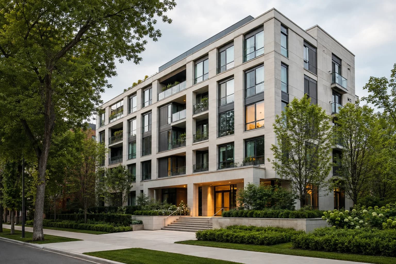Contemporary apartment building surrounded by landscaped grounds