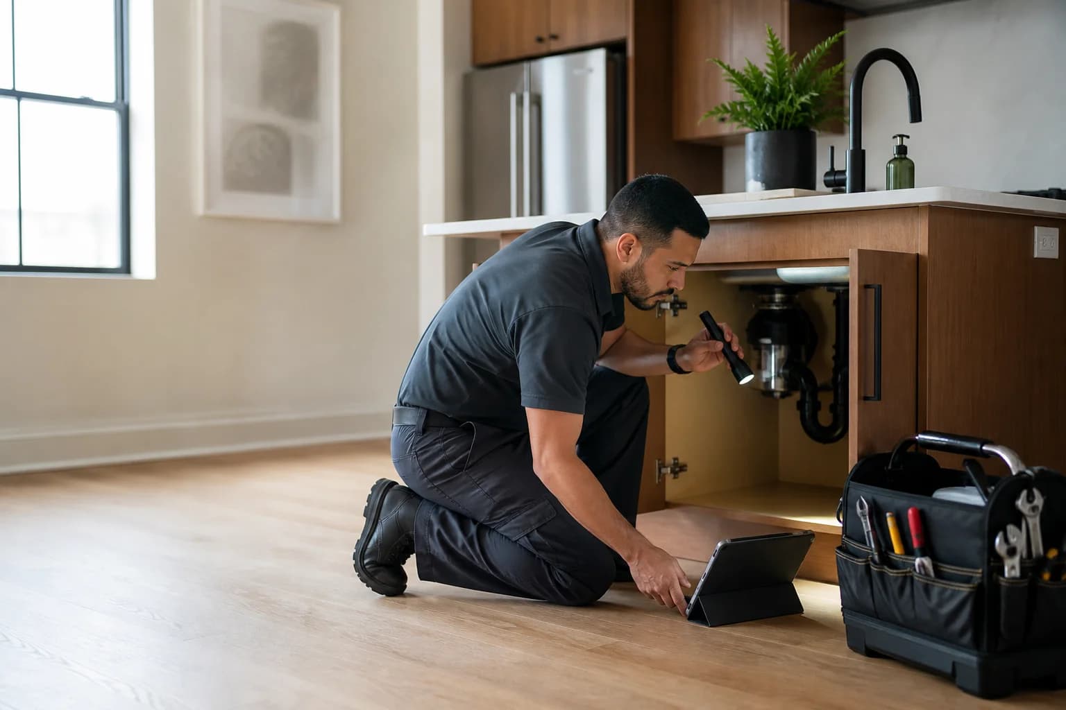 Maintenance professional inspecting plumbing in a home